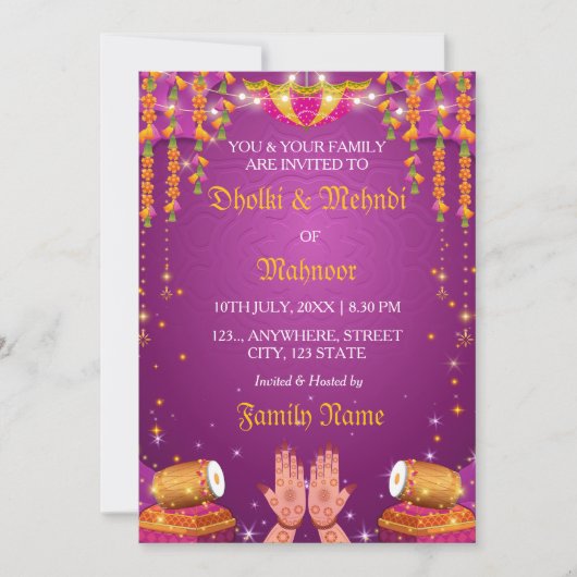 Carte d'invitation pour la soirée Dholki & Mehndi (Devant)