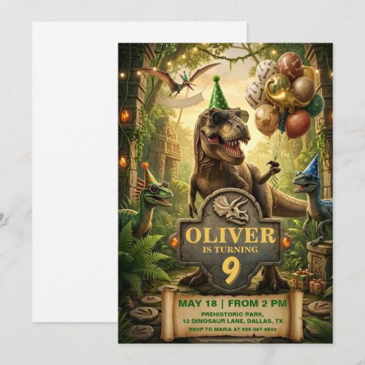 Carte d'invitation pour l'anniversaire de dinosaur (Devant / Derrière)
