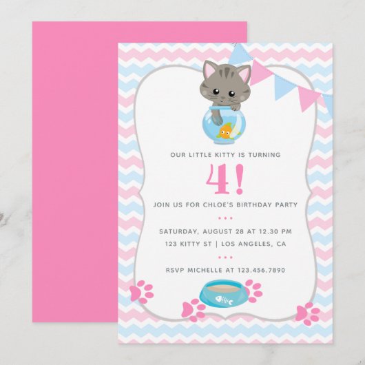Carte d'invitation pour l'anniversaire d'un chat o (Devant / Derrière)