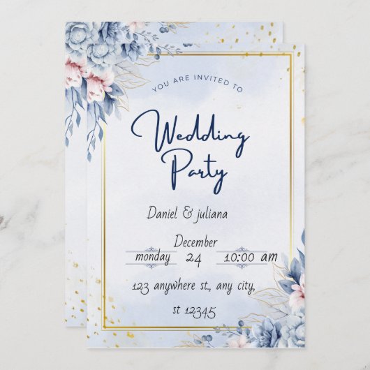 Carte d'invitation pour mariage Blue Gold Modern (Devant / Derrière)