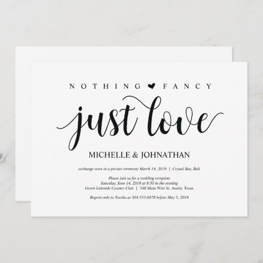 Carte d'invitation pour réception de mariage intim (Devant / Derrière)