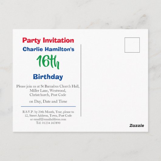 Carte d'invitation pour un anniversaire 16 ans ave (Dos)