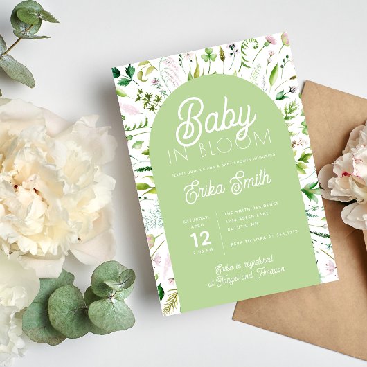 Carte d'invitation pour une baby shower vert sauge