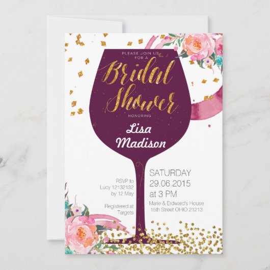 Carte d'invitation pour une douche nuptiale à vin  (Devant)