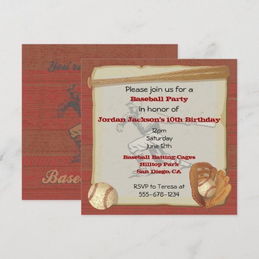 Carte d'invitation pour une fête de baseball vinta (Devant / Derrière)