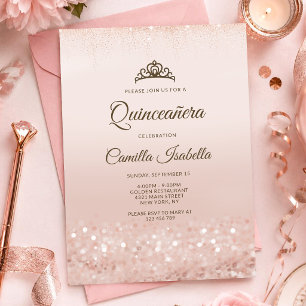 Carte d'invitation Quinceañera pailletée or rose