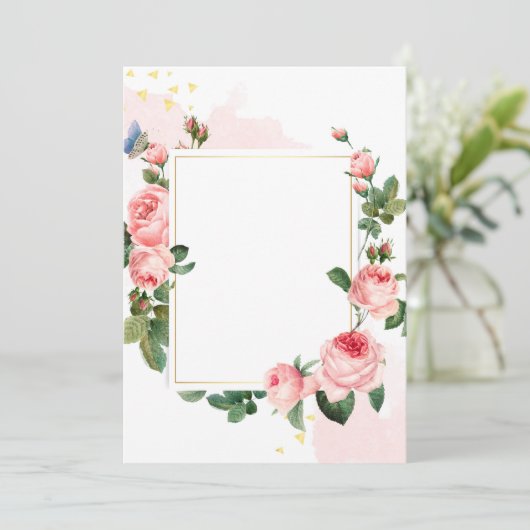 Carte d'invitation rectangle blanc aux roses roses (Debout devant)
