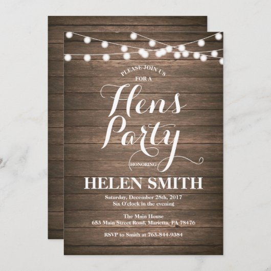 Carte d'invitation Rustic Wood Hens Party (Devant / Derrière)