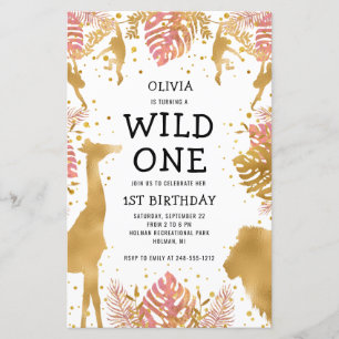 Carte d'invitation Safari Rose pour le 1er anniver