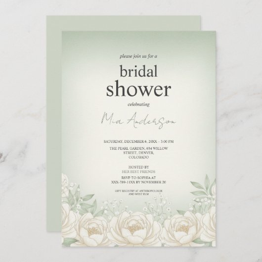 Carte d'invitation Sage Green Peony (Devant / Derrière)