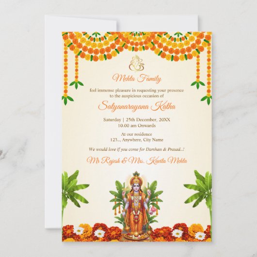 Carte d'invitation Sri Satyanarayan Bhagwan Puja (Devant)