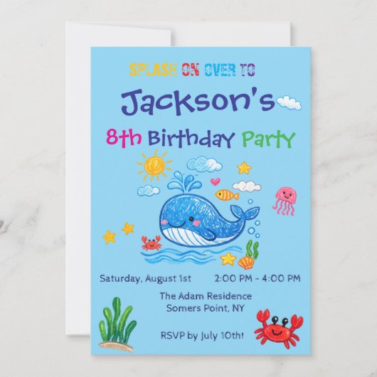 Carte d'invitation thème baleine pour l'anniversai (Devant)