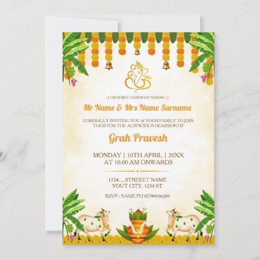 Carte d'invitation traditionnelle indienne pour Gr (Devant)