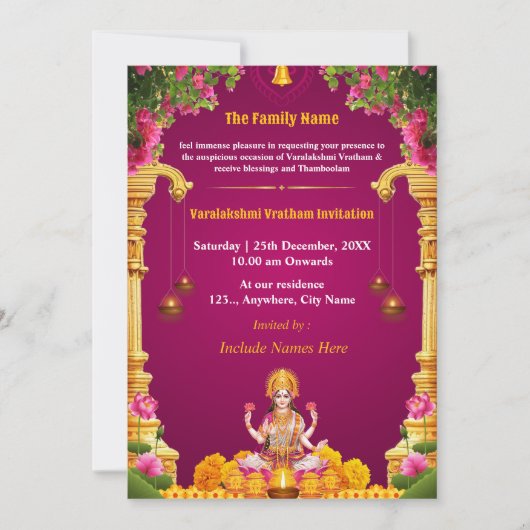 Carte d'invitation Varalakshmi Vratham (Devant)