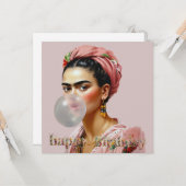 Carte Divas avec écharpe florale soufflant du bubble gum (Devant/Arrière en situation)