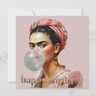 Carte Divas avec écharpe florale soufflant du bubble gum