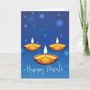 Carte Diwali Salutation Avec Lampes, Arrière - plan Bleu