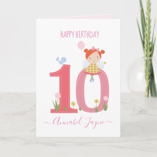 Carte Dixième anniversaire fée mignon rose personnalisée (Devant)