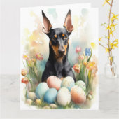 Carte Doberman aux oeufs de Pâques (Fleur jaune)