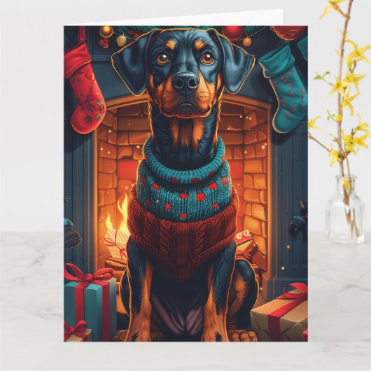 Carte Doberman avec des cadeaux de Noël devant une chemi (Fleur jaune)
