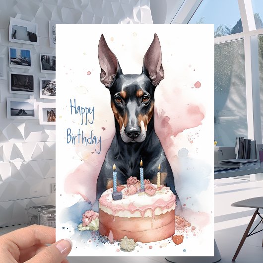 Carte Doberman avec gâteau - Amoureux de les chiens Joye