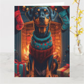 Carte Doberman Chien Avec Les Cadeaux De Noël Cheminée (Fleur jaune)