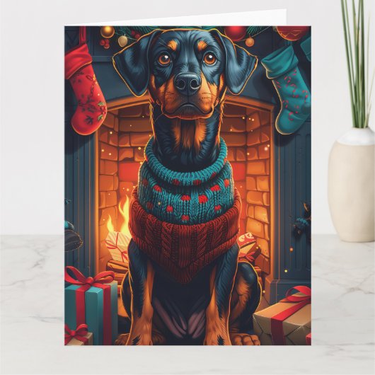 Carte Doberman Chien Avec Les Cadeaux De Noël Cheminée (Devant)