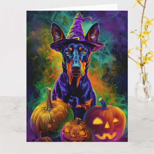 Carte Doberman Doberman Chien Halloween Sorcière Et Citr (Fleur jaune)