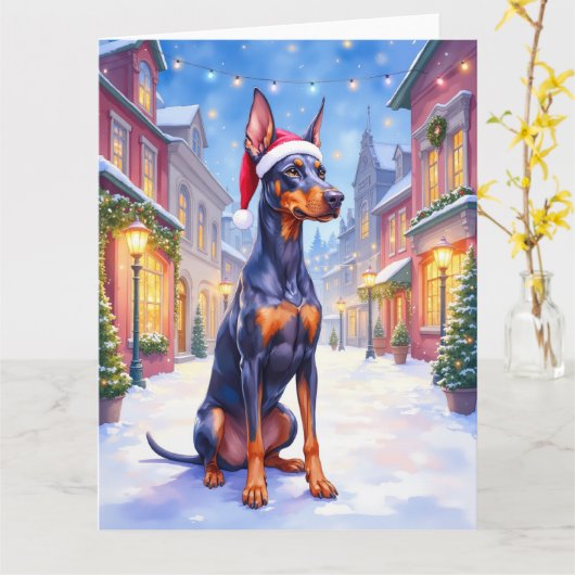 Carte Doberman Pinscher Snowy Village Santa Hat Christma (Fleur jaune)