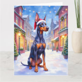 Carte Doberman Pinscher Snowy Village Santa Hat Christma (Devant)