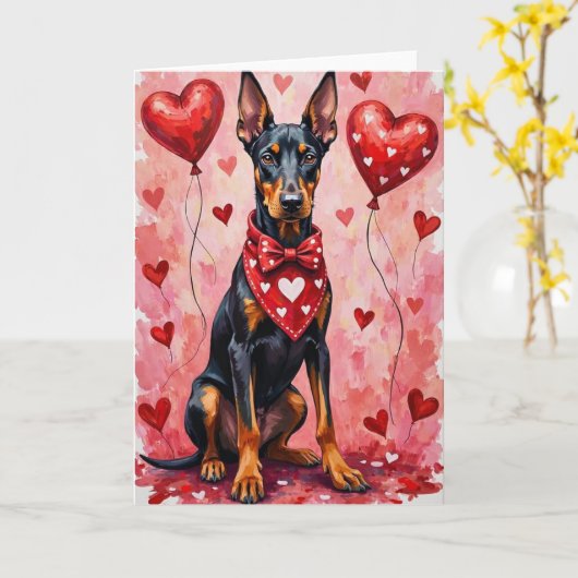 Carte Doberman Pinscher Valentine’s Day Dog with Hearts  (Fleur jaune)