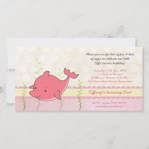 Carte Dolphin rose Baby Girls 1er anniversaire Invitatio