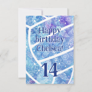 Carte Doodle fleurs plumes bleu volleyball anniversaire