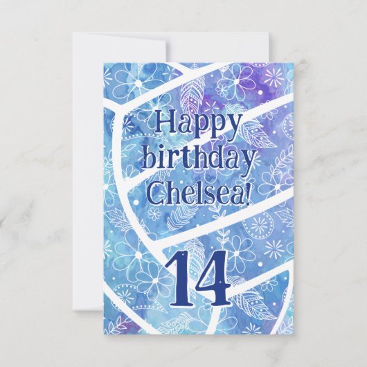 Carte Doodle fleurs plumes bleu volleyball anniversaire (Devant)