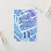 Carte Doodle fleurs plumes bleu volleyball anniversaire (Devant/Arrière en situation)