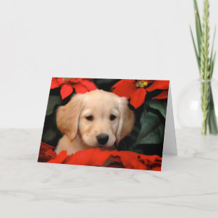 Carte d'or de chiot et de Noël de Poinsetta