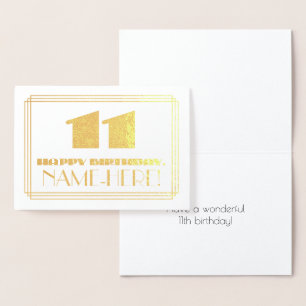 Carte Dorée 11e anniversaire ; nom + Art Déco Inspiré Look "11