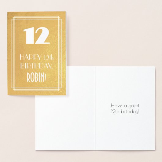 Carte Dorée 12e Anniversaire ~ Style Art Déco "12" & Nom Perso (Affichage)
