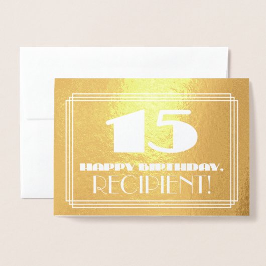 Carte Dorée 15e anniversaire : Nom + Art Déco Inspiré Look "15 (Devant avec enveloppe)