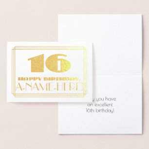 Carte Dorée 16e anniversaire ; nom + Art Déco Inspiré Look "16
