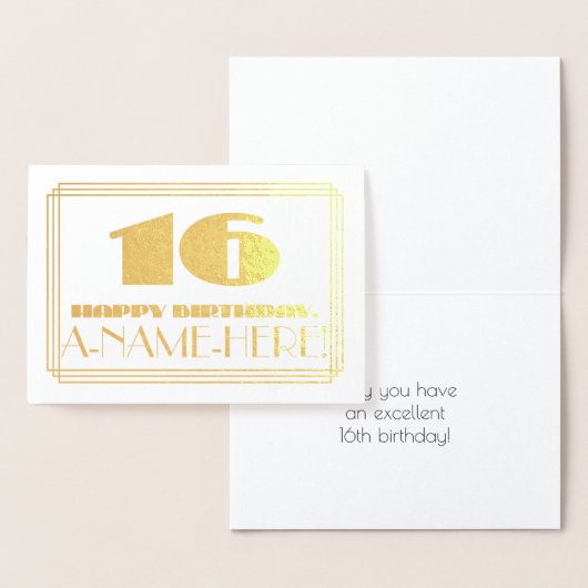 Carte Dorée 16e anniversaire ; nom + Art Déco Inspiré Look "16 (Affichage)