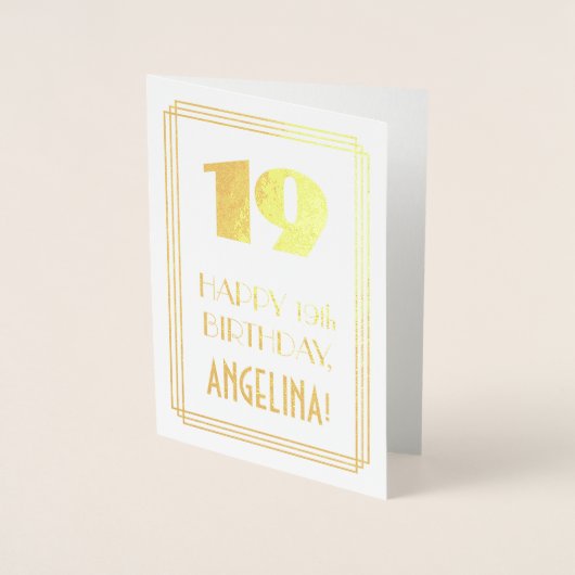 Carte Dorée 19e anniversaire : Art Déco Inspiré Look "19" & No (Devant)