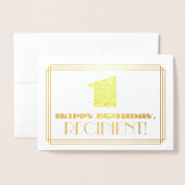 Carte Dorée 1er anniversaire ; nom + Art Déco Inspiré Look "1" (Devant avec enveloppe)
