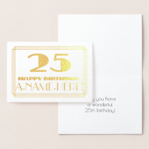 Carte Dorée 25e anniversaire ; nom + Art Déco Inspiré Look "25