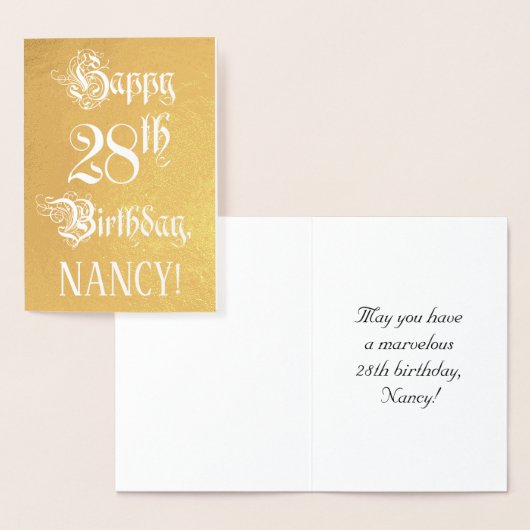Carte Dorée 28e anniversaire : Élégant, Script Orné; Nom perso (Affichage)
