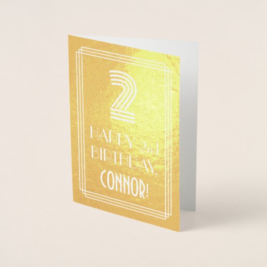 Carte Dorée 2e anniversaire - Art Déco Inspiré Look "2" + Nom (Devant)