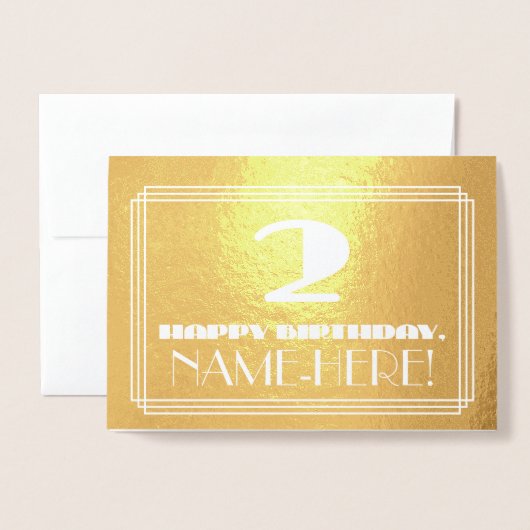 Carte Dorée 2e anniversaire : Nom + Art Déco Inspiré Look "2" (Devant avec enveloppe)