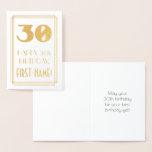 Carte Dorée 30th Birthday : Art Deco Inspired Look "30" & Name<br><div class="desc">L'avant de cette carte de voeux de style années 1920-1930 inspirée et vintage, présente un grand style art déco inspiré numéro "30", le message "HAPPY 30th BIRTHDAY", un nom personnalisé, et un motif de frontière composé de lignes. L'intérieur comporte un message de voeux d'anniversaire personnalisable, ou peut-être pourrait-il être effacé...</div>