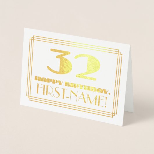 Carte Dorée 32e anniversaire ; nom + Art Déco Inspiré Look "32 (Devant)