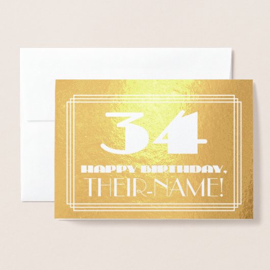 Carte Dorée 34e anniversaire : Nom + Art Déco Inspiré Look "34 (Devant avec enveloppe)